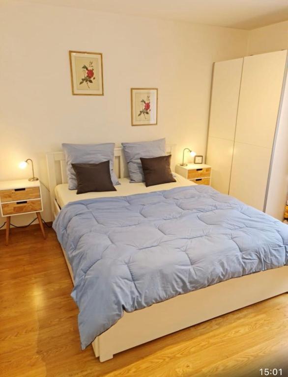 克莱恩 蒙塔纳Appartement 60m2- vue sur la montagne的一间卧室配有一张带蓝色床单的大床
