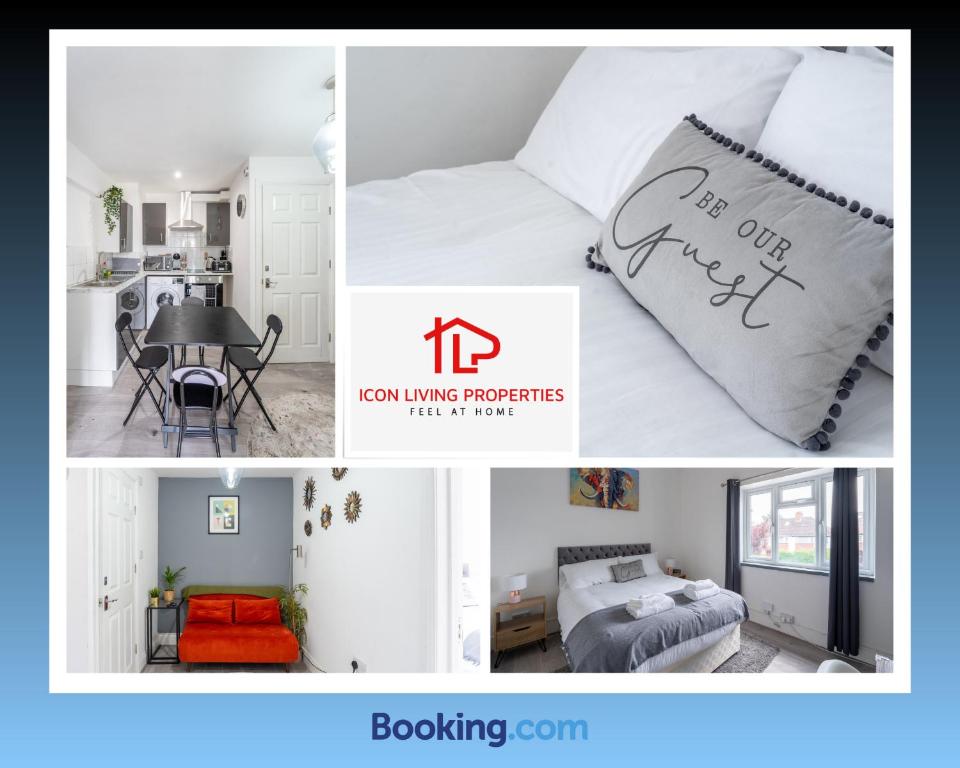 伦敦1 Bedroom Arch-View Apartment 2 By Icon Living Properties Short Lets & Serviced Accommodation With Free Parking的卧室照片和床的拼合,床上有枕头,上面有阅读材料