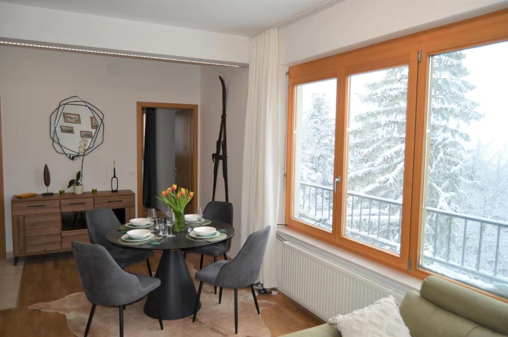 霍茨科波霍尔耶Luxury Wide View Apartment Pohorje Bellevue的客厅配有桌椅和窗户。