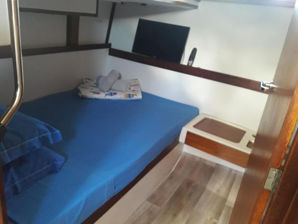 阿普里利亚马利蒂马Boat House Alena的小房间,船上有蓝色的床