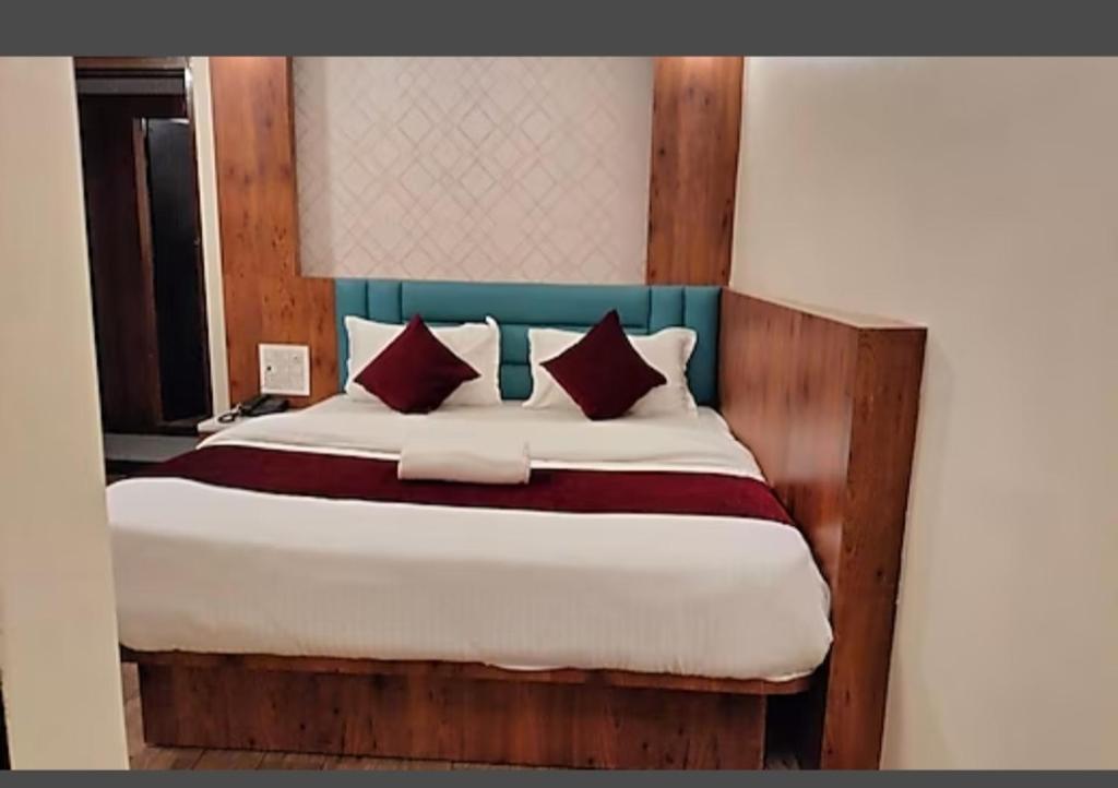 古瓦哈提HOTEL DAISY的一间卧室配有一张带红色枕头的大床