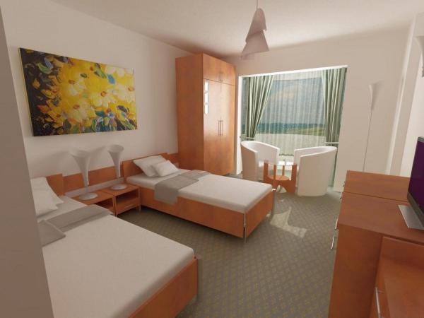 克拉约瓦Hotel Flormang的酒店客房设有两张床和电视。