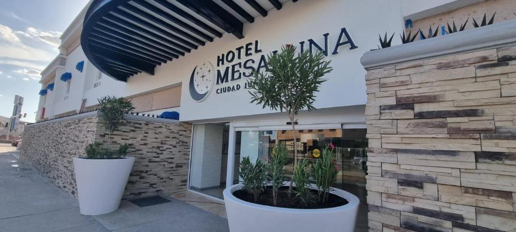 华雷斯城Hotel Mesaluna Short & Long Stay的前面有两株盆栽植物的建筑