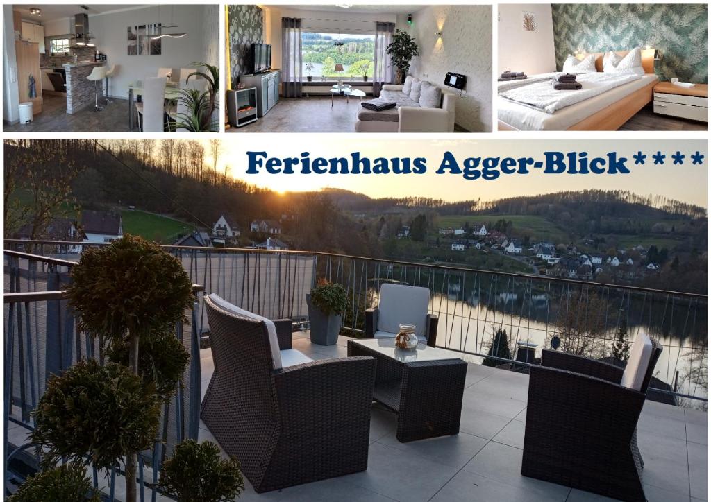 古梅尔斯巴赫Exklusives Ferienhaus "Agger-Blick" mit riesiger Seeblick-Terrasse, Sauna, E-Kamin & Kajak的客厅和阳台的照片拼合在一起