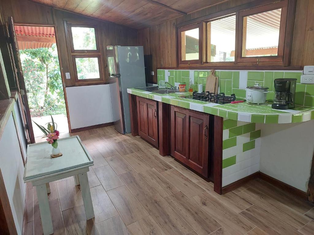 Caño NegroCasa Mairena的厨房的柜台铺有绿色和白色的瓷砖