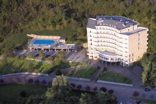 塔皮安诺都卡蕾酒店的享有带游泳池的大型建筑的空中景致
