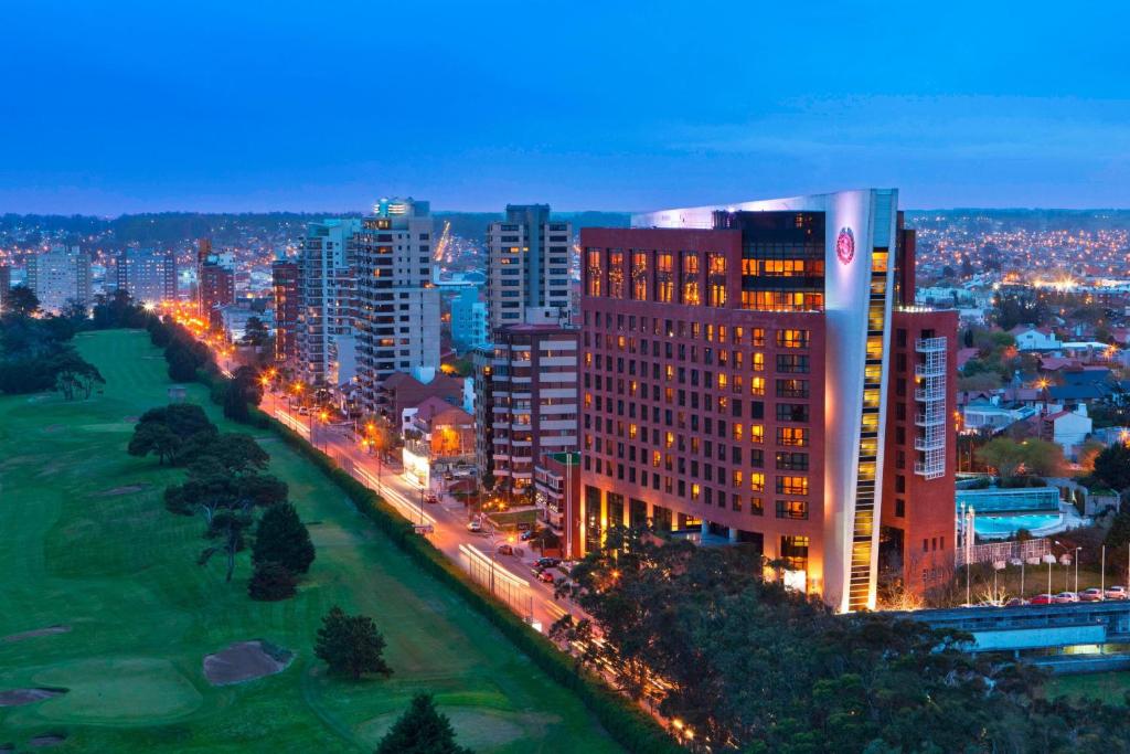 马德普拉塔马德普拉塔喜来登酒店 的享有夜间城市景观和建筑