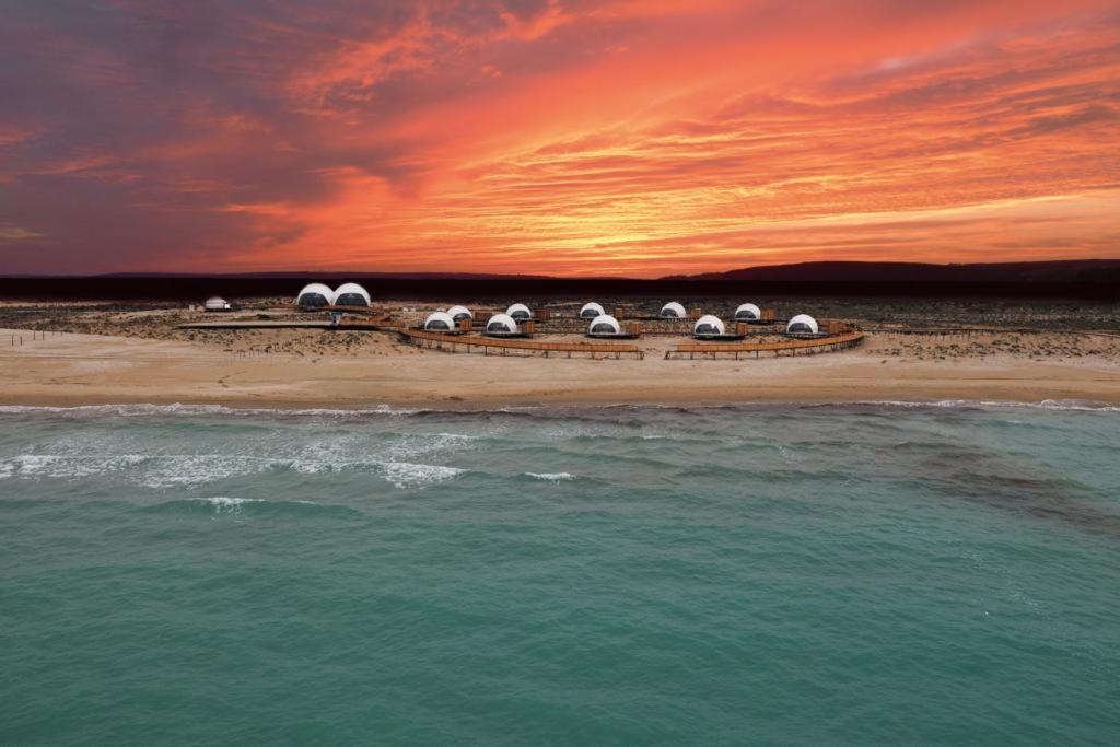 KyzylkumO'MIR glamping эко-отель Актау的日落时分带遮阳伞和海洋的海滩