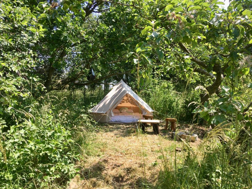 FlobecqCamp Golstav - Romantic view over the hills.的帐篷位于田野中间