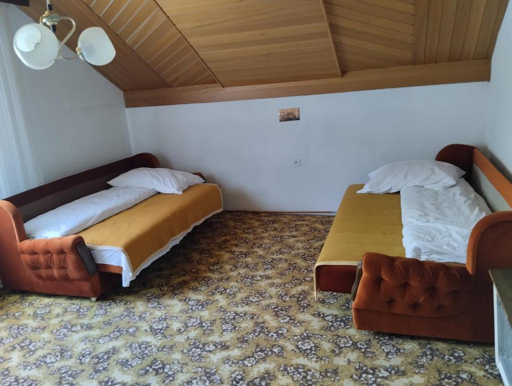 VranešaSmeštaj Milekić - Nova Varoš的带沙发的小客房内的两张床