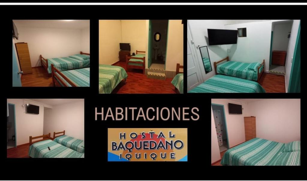 伊基克HOSTAL BAQUEDANO IQUIQUE的酒店卧室的照片拼贴