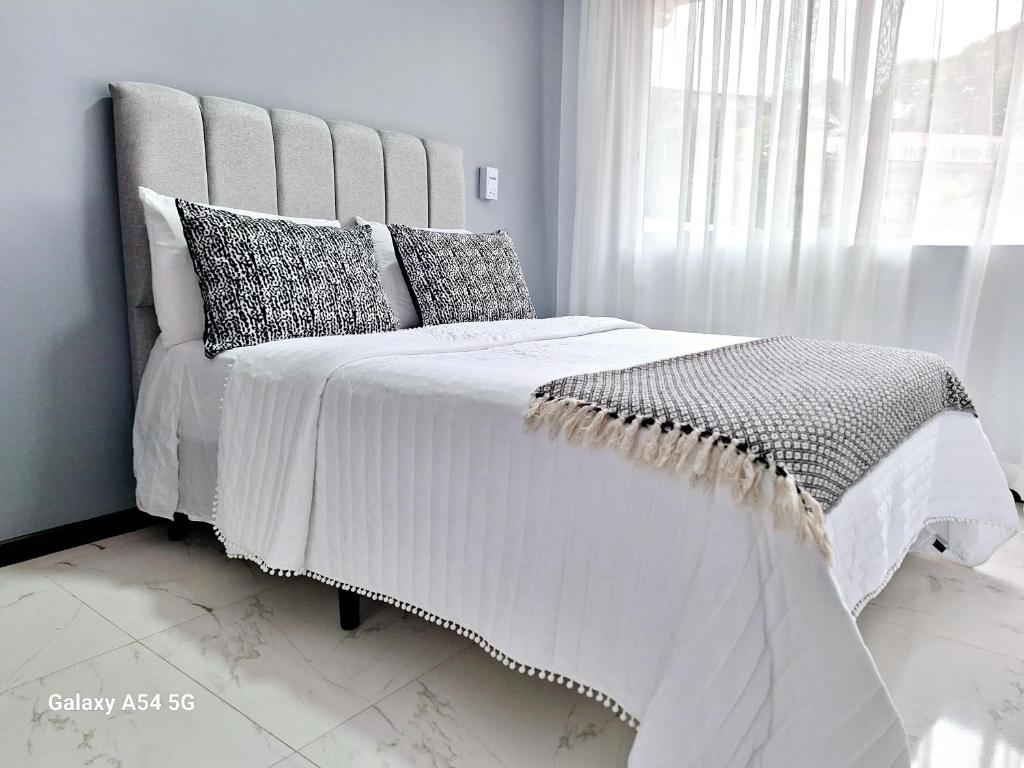 圣伊西德罗Casa Victoria Hostel的卧室配有带枕头的白色床和窗户。