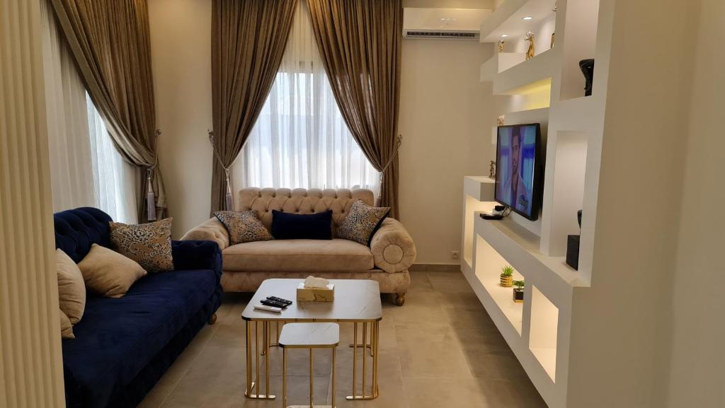 AbagaKBK Lodge的客厅配有蓝色的沙发和电视