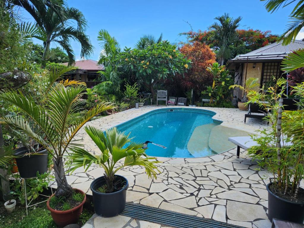 普纳奥亚Fare Cocoon的棕榈树花园内的游泳池