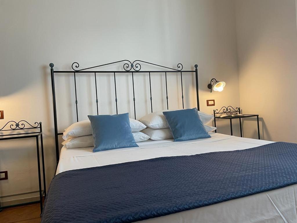 圣维托罗卡波Ai Dammusi Rooms的一间卧室配有一张带蓝色枕头的床