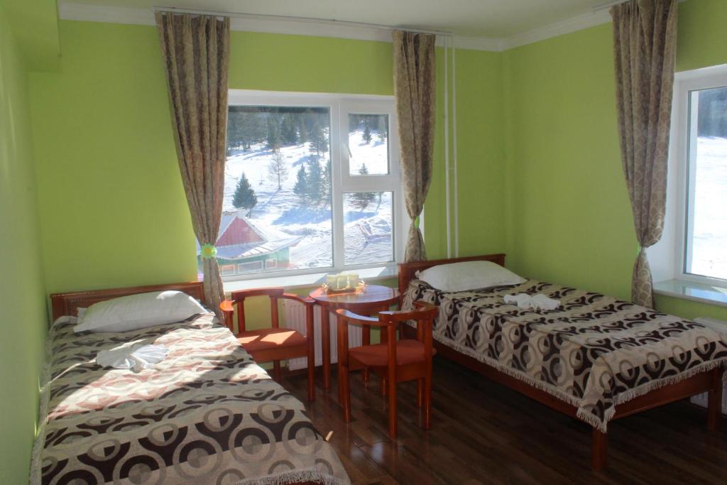 DzuunmodSara's Camp的一间卧室设有两张床、一张桌子和一个窗口