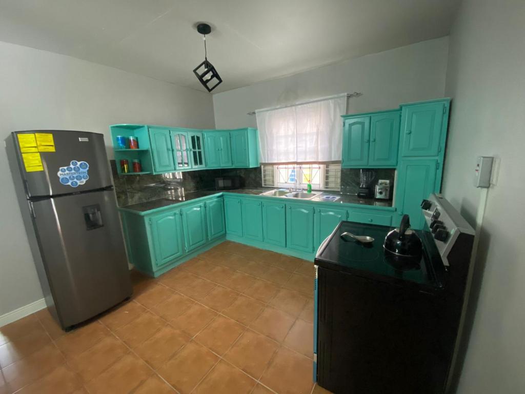 金斯敦Cozy 2 bedroom Townhouse in gated community, KGN8的厨房配有蓝色橱柜和黑色冰箱。