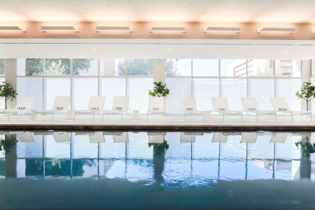 达拉斯达拉斯市中心汉普顿酒店及套房的游泳池旁一排白色椅子