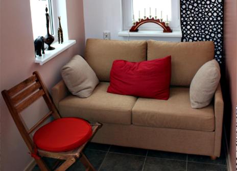 Türi马瑞扎酒店的棕色沙发,配有两个红色枕头和椅子