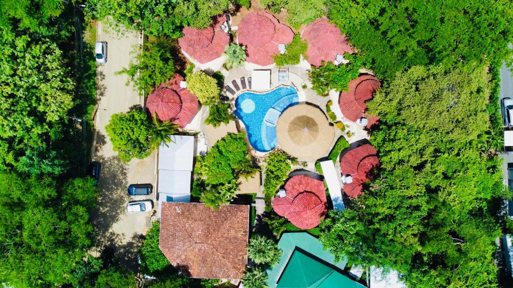 塔马林多Hotel Luna Llena的享有花园的顶部景致,设有游泳池