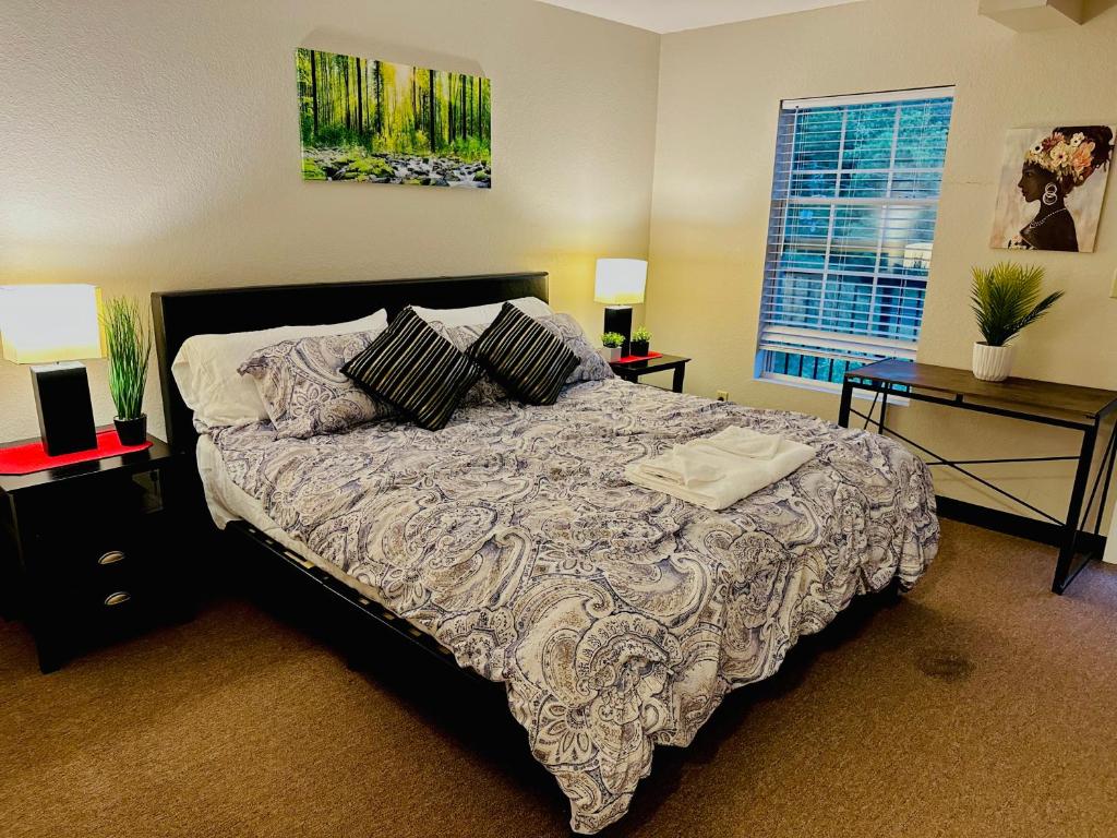 加特林堡Rustic ridge 01的卧室配有带枕头的床铺和窗户。