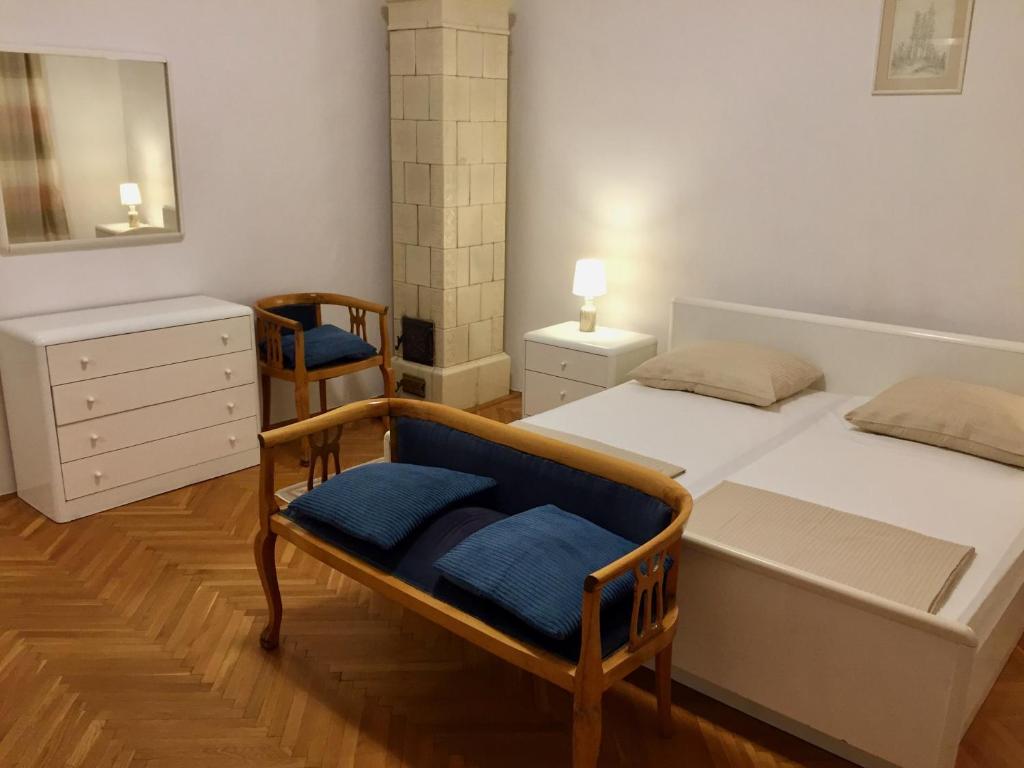 萨拉热窝Guest House Gaj Sarajevo的一间卧室配有一张床、一把椅子和镜子
