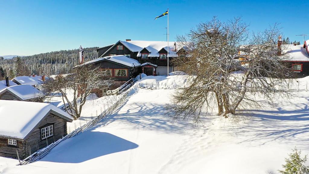 FryksåsFryksås Hotell & Gestgifveri的一座有房子和树木的雪地覆盖的院子