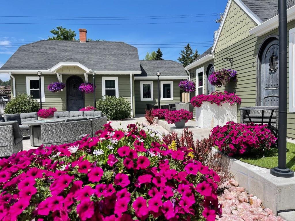 卡斯特EO Bungalows, Black Hills的前院有粉红色花的房屋