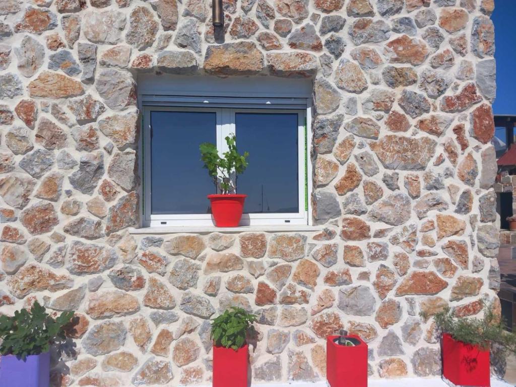 KámposAnemomylos House的一座石头建筑,有两棵盆栽植物