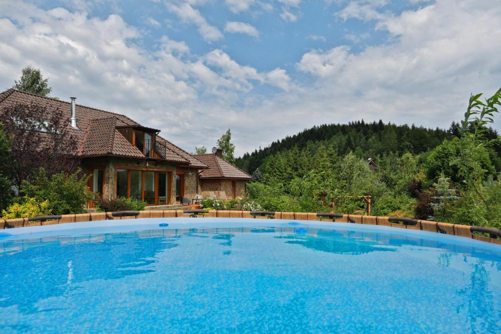 扎沃亚Babie Zacisze的一座大蓝色游泳池,位于房子前