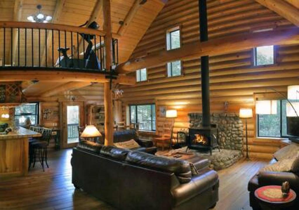 爱德怀Eagles Nest - Natural Log Cabin with Guest House的带沙发和壁炉的客厅