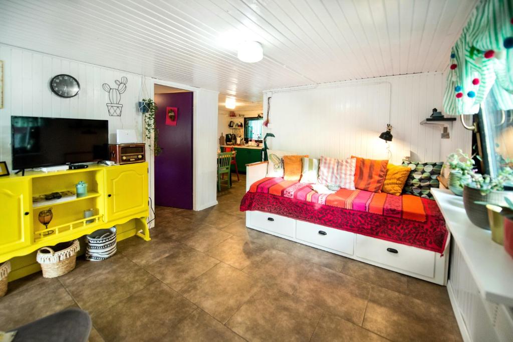 卡特兹奥布萨维Boho House 1 in camp Terme Catez的一间卧室配有一张床,并在一间客房内配有电视。