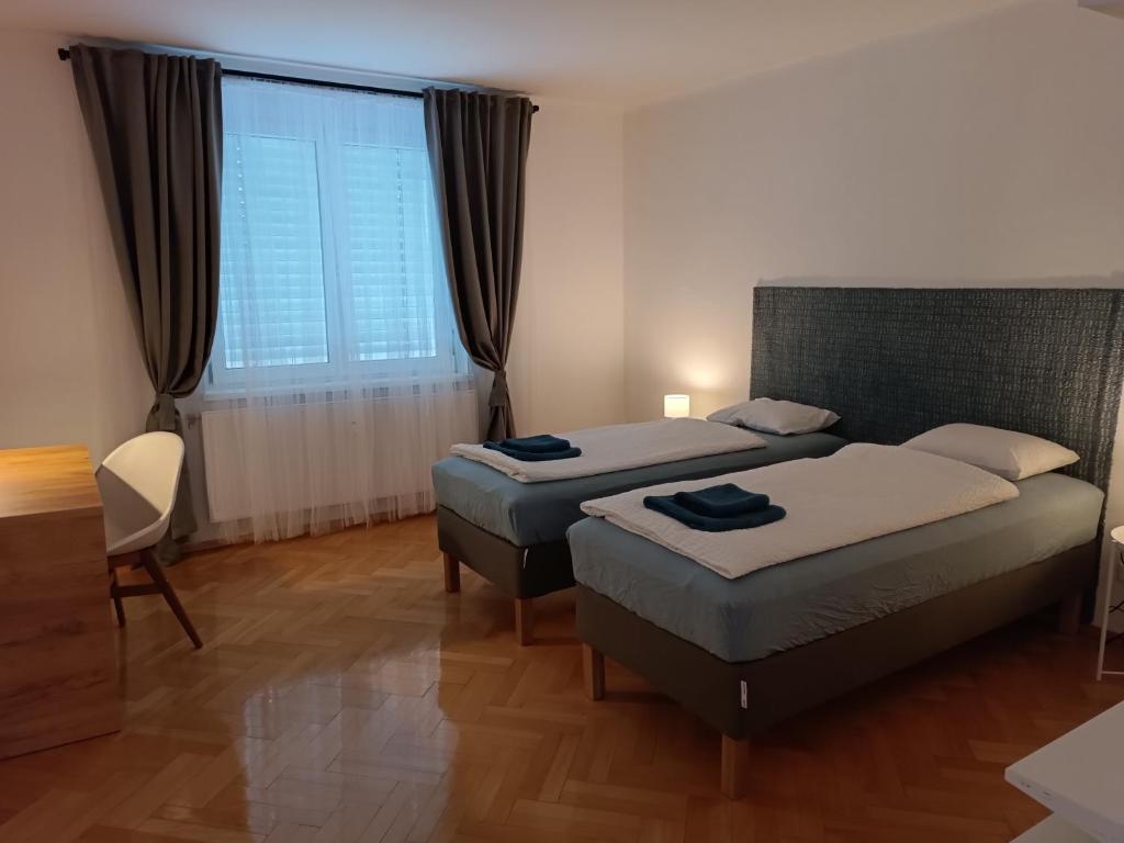 Flataid Apartments Gössendorf/Magna的一间卧室设有两张床和窗户。
