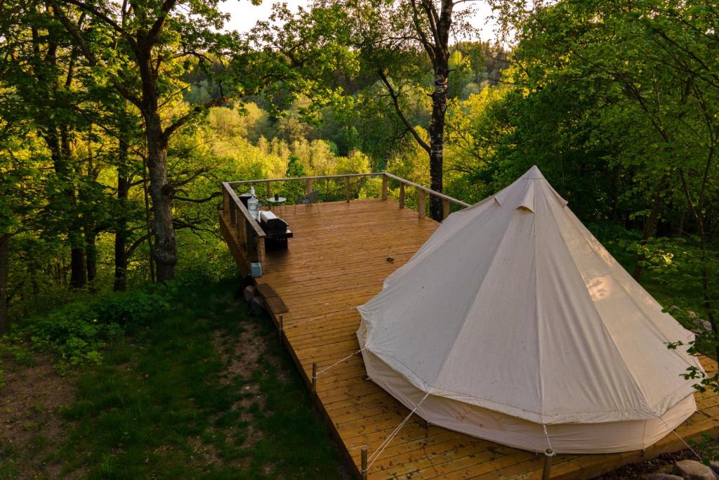 Glamping Žvaigždžių slėnyje的树林木板路上的帐篷