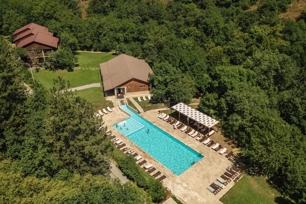 阿格沃兰Apricot Aghveran Resort的享有带椅子的游泳池和房屋的顶部景致