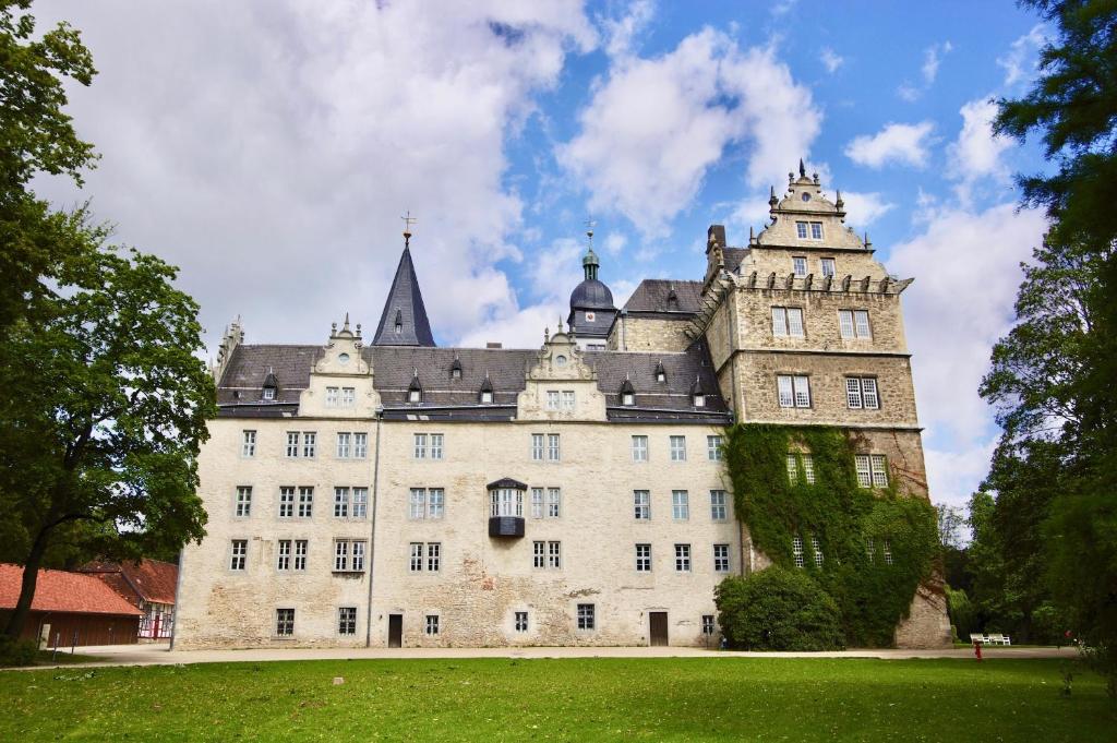 沃尔夫斯堡Wohnen am Schloss的一座大型城堡建筑,前面有一个绿地