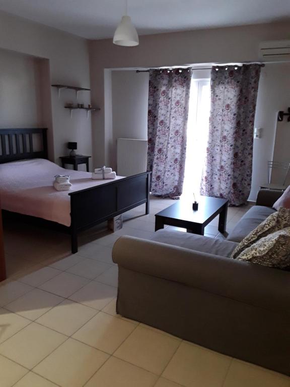 伊古迈尼察G3 sea view appartment的带沙发和床的客厅以及窗户。