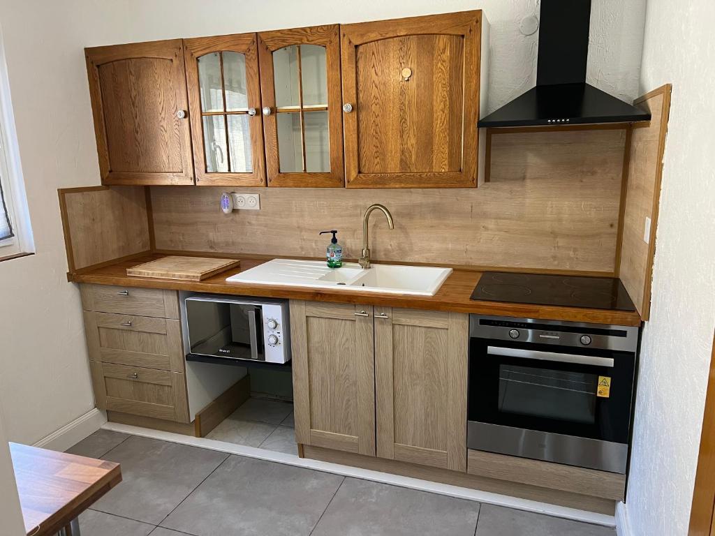 皮奥伦克Petite maison en bordure de N7的厨房配有木制橱柜、水槽和炉灶。