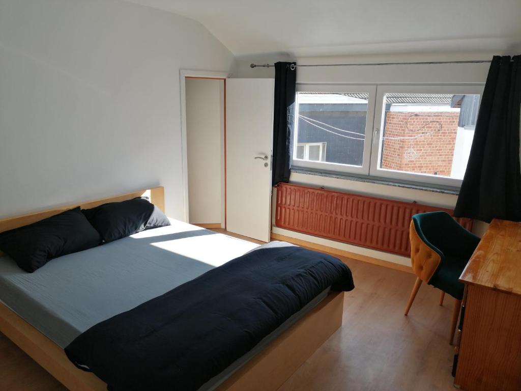 圣尼古拉Chambre cosy的一间卧室配有一张床、一张书桌和一个窗户。