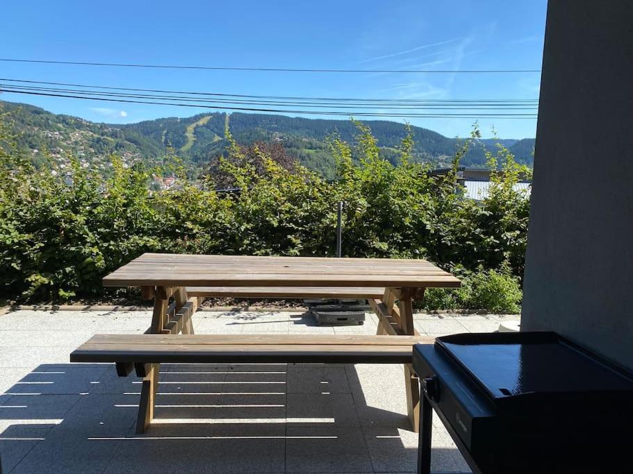 热拉梅Appartement Gérardmer的一张享有山景的木制野餐桌