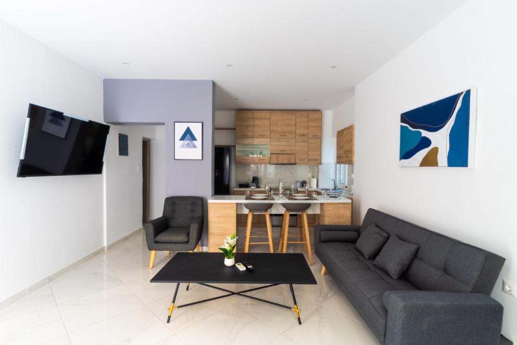 雅典Aiolos luxury suite 3 agios dimitrios center的客厅配有沙发和桌子