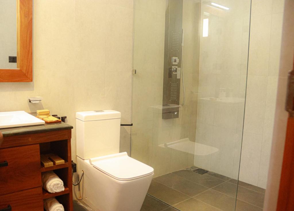 马特勒Moana La Vie - Polhena的一间带卫生间和玻璃淋浴间的浴室
