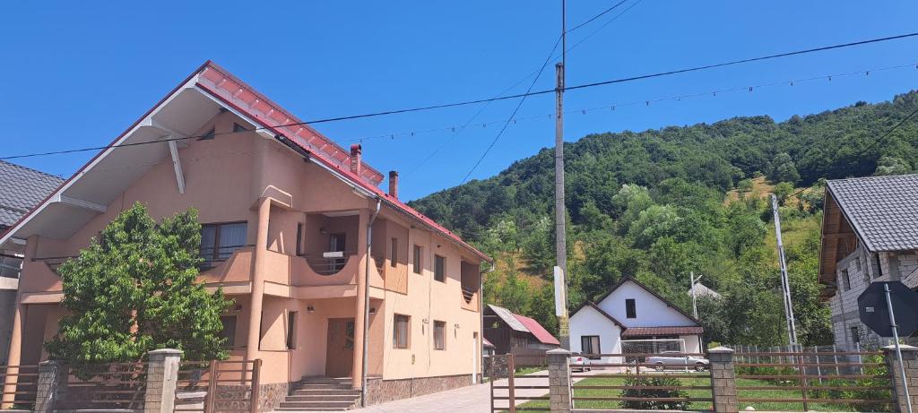 BîrsanaCASA OFRIM, Bârsana, Maramureș的山前有围栏的建筑