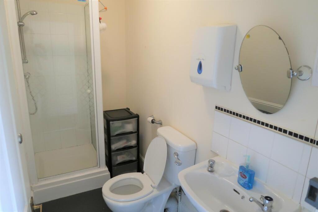 Thamesmead2 Bedroom cosy stay in Barking的一间带卫生间、水槽和镜子的浴室