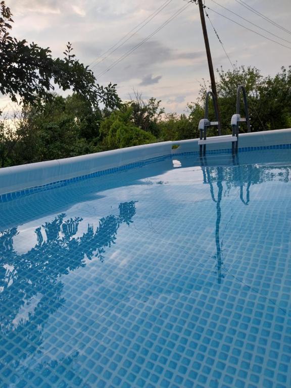 斯科普里Kaj Nana i Dedo的蓝色的游泳池,在水中反射