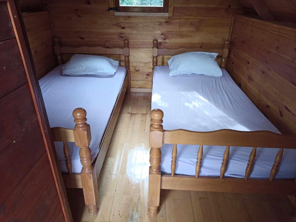 赫尔采格诺维Kamp Seosko domaćinstvo Radman - Bungalov的小屋设有2张单人床和木墙