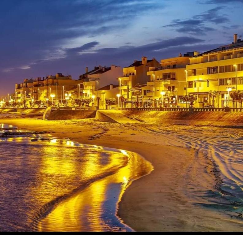 维拉·普拉亚·德·安科拉Quinta dos Carvalhos的享有海滩的夜间美景,设有建筑