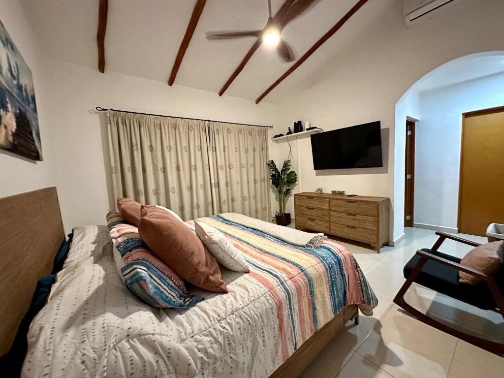 普拉亚卡门Villa Vaoli的一间卧室配有一张床和一台平面电视