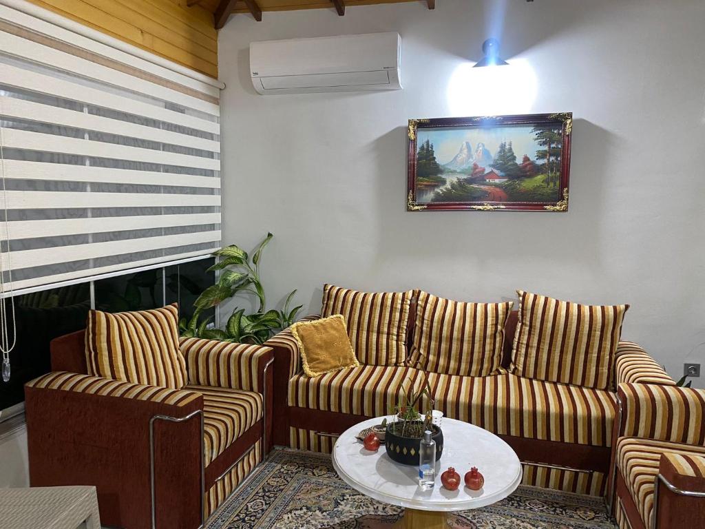 SamandağıLane Palmiye的客厅配有两张沙发和一张桌子