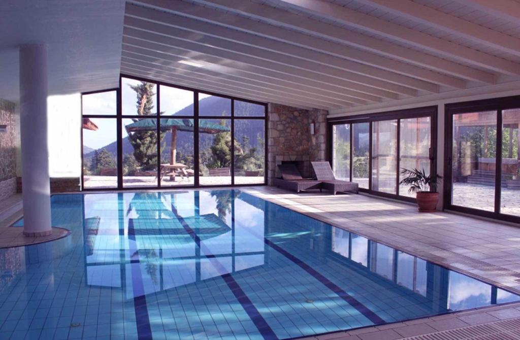 阿拉霍瓦Boutique Hotel Skamnos Arachova的一座大型游泳池,位于一座带窗户的建筑内